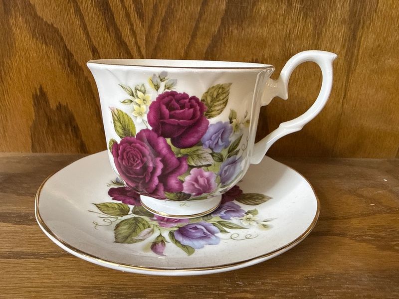 Royal Victorian Fine Bone China Purple Rose Teacup and Saucer Set