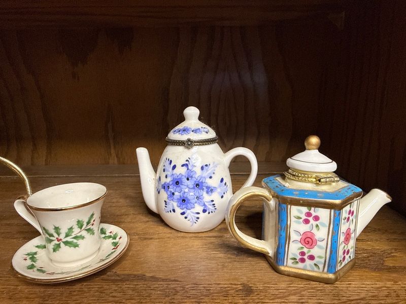 Miniature Porcelain Teapot Trinket Boxes and Lenox Teacup Ornament Group