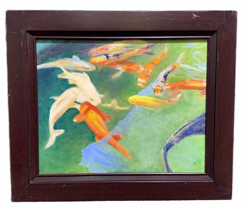Framed Oil Painting With Koi Fish
