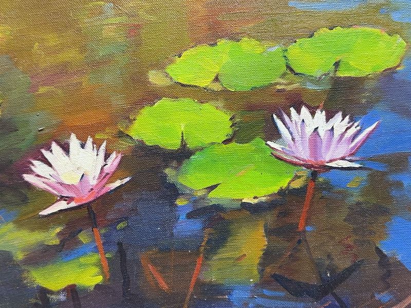 R Marks Signed Water Lily Oil Painting