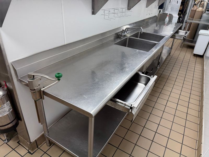 Large 14ft Stainless Steel Work Table With Double Sink - Image 1