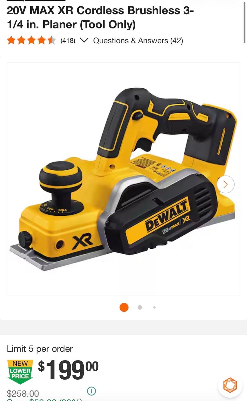 20V MAX XR Cordless Brushless 3-1/4 in. Planer (Tool Only) - Image 1