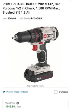 PORTER CABLE Drill Kit: 20V MAX*, Gen Purpose, 1/2 in Chuck, 1,500 RPM Max., Brushed, (1) 1.3 Ah - Image 1
