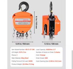 2 Ton Hand Chain Hoist 10 ft. Come Along, 4,400 lbs. Capacity G80 Gal.vanized Carbon Steel with Double-Pawl Brake - Image 3