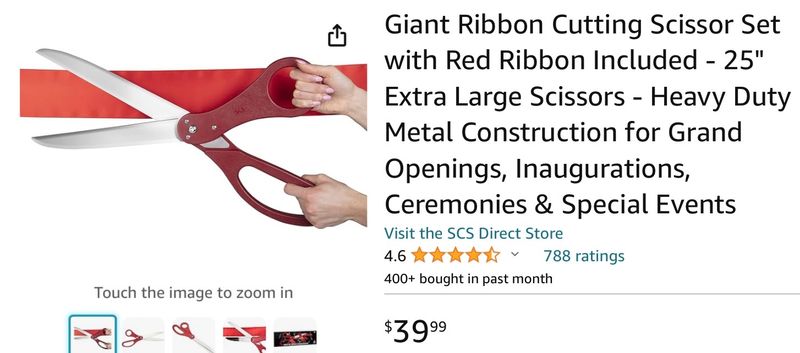 Giant Ribbon Cutting Scissor Set with Red Ribbon Included - 25 Extra Large Scissors - Heavy Duty Metal Construction for Grand Openings, Inaugurations