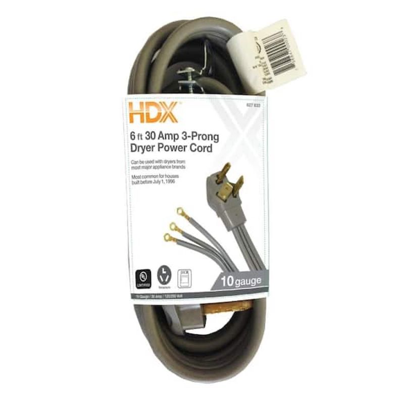 HDX 6 ft. 10/3 30 Amp 3-Prong Dryer Power Cord, Gray - Image 1
