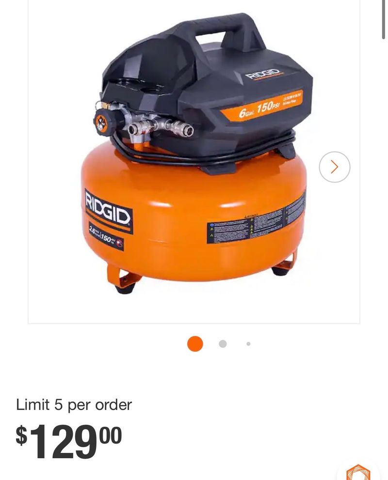 RIDGID6 Gal. 150 PSI Portable Electric Oil-Free Jobsite Pancake Air Compressor with Dual Pressure Gauges and 2-Quick Couplers - Image 1