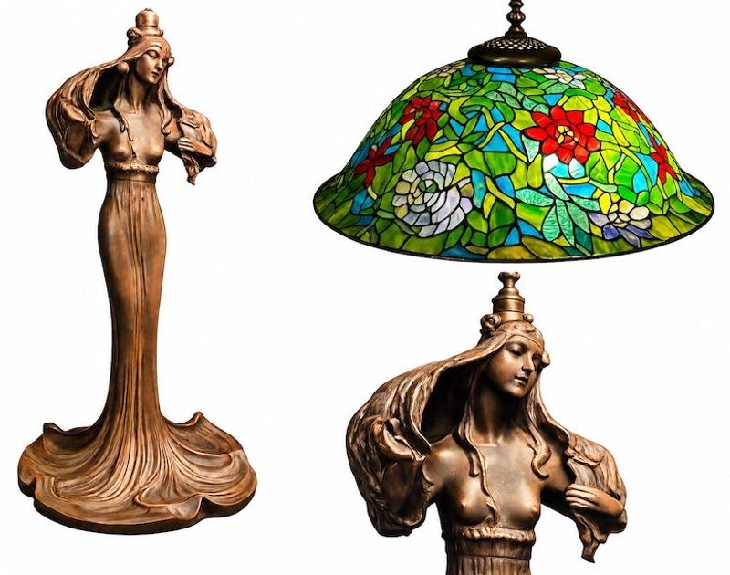 Mid Century Modern Lamp With Tiffany Style Leaded Glass Shade.