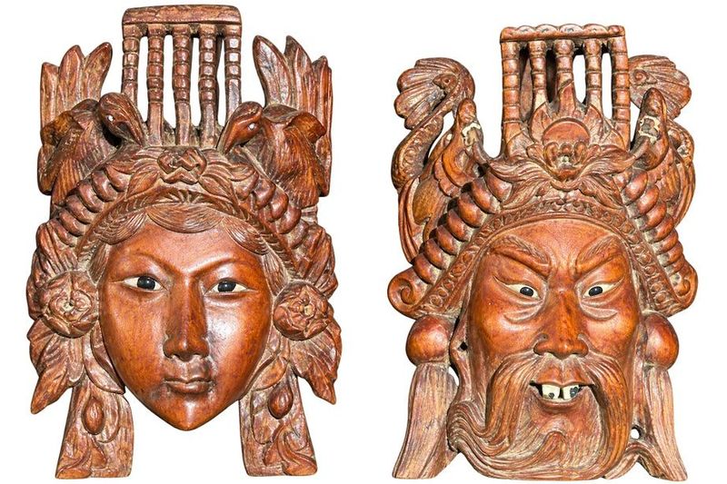 (2) Oriental Wooden Mask Wall Hangings