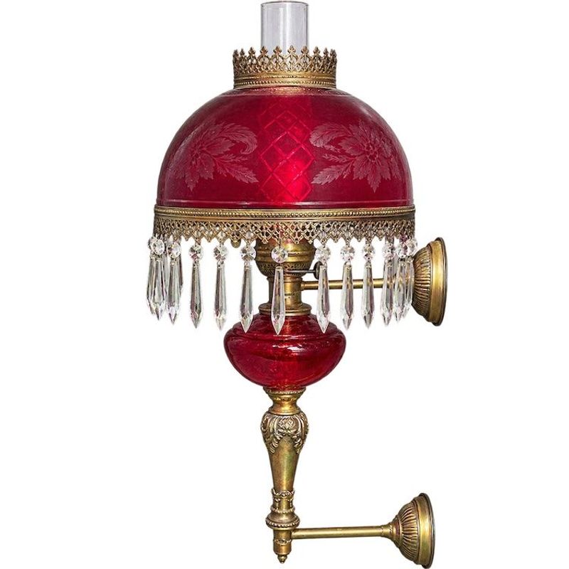 Vintage Brass And Red Glass Wall Sconce Light