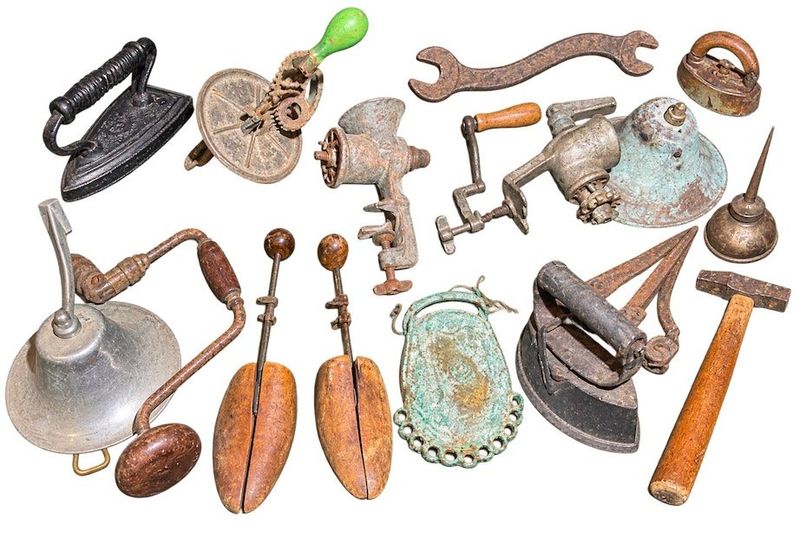 Bells, Irons, Meat Grinders, Box Wrench, Hammer, Hand Mixer, And More