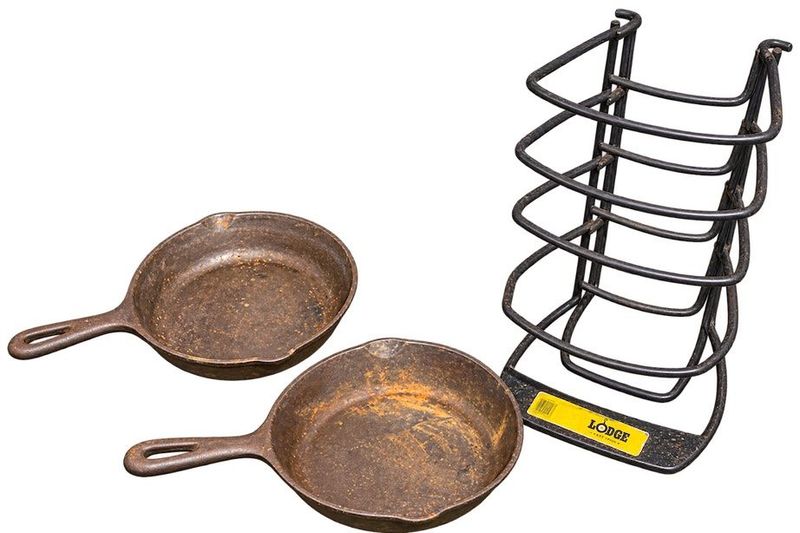 Lodge Skillet Holder And (2) Cast Iron Skillets
