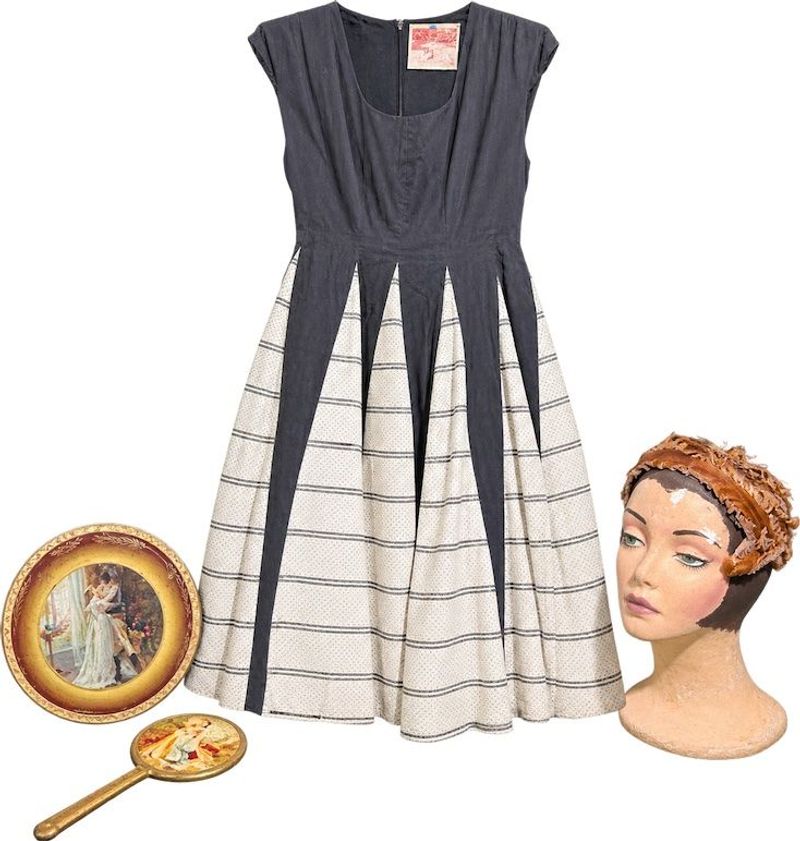 Vintage Dress, Maniquin Head, Wall Hanging, And Hand Mirror