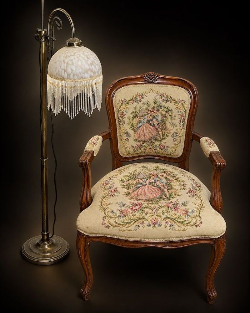 Colonial Themed Needlepoint Chair And Floor Lamp