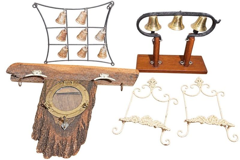 Bell Decor, Metal Plate Holders, Wood Carved Coat Rack With Ameritime Theme