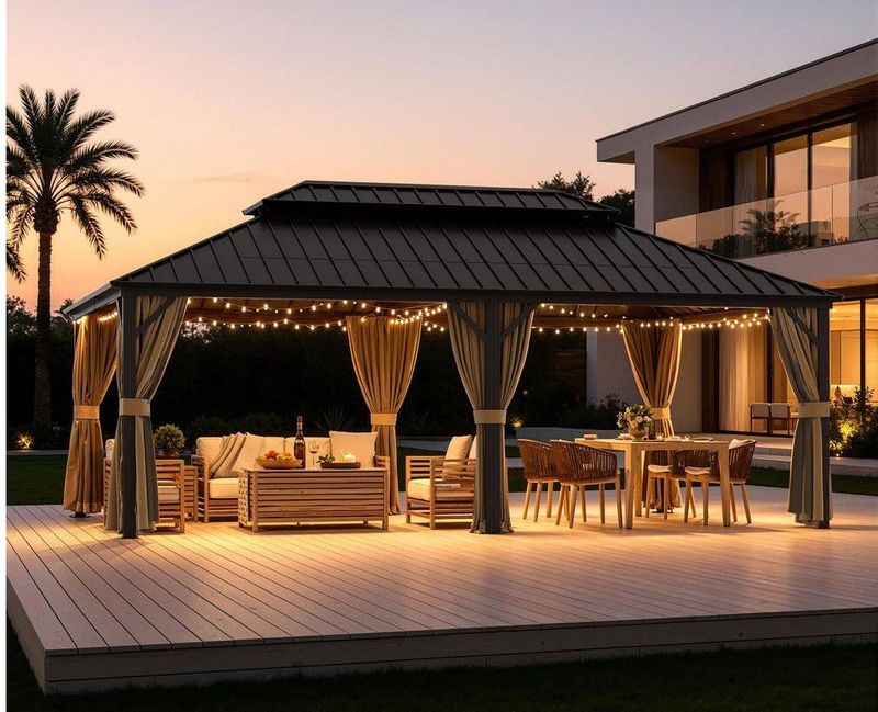 14 ft. x 22 ft. Black Outdoor Aluminum Double Roof Hardtop Gazebo with Ceiling Hook, Curtains and Netting