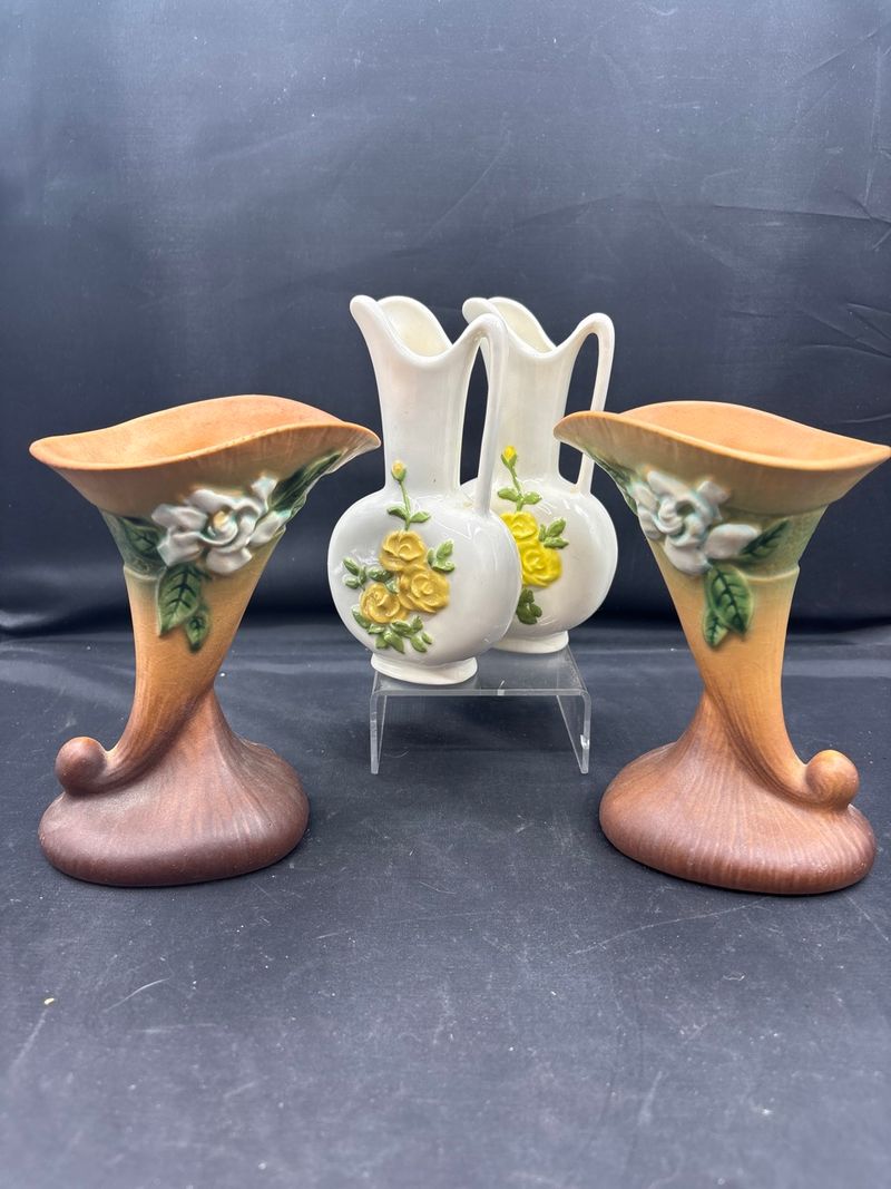 Roseville USA Ceramic Cornucopia Vases and White Floral Pitchers