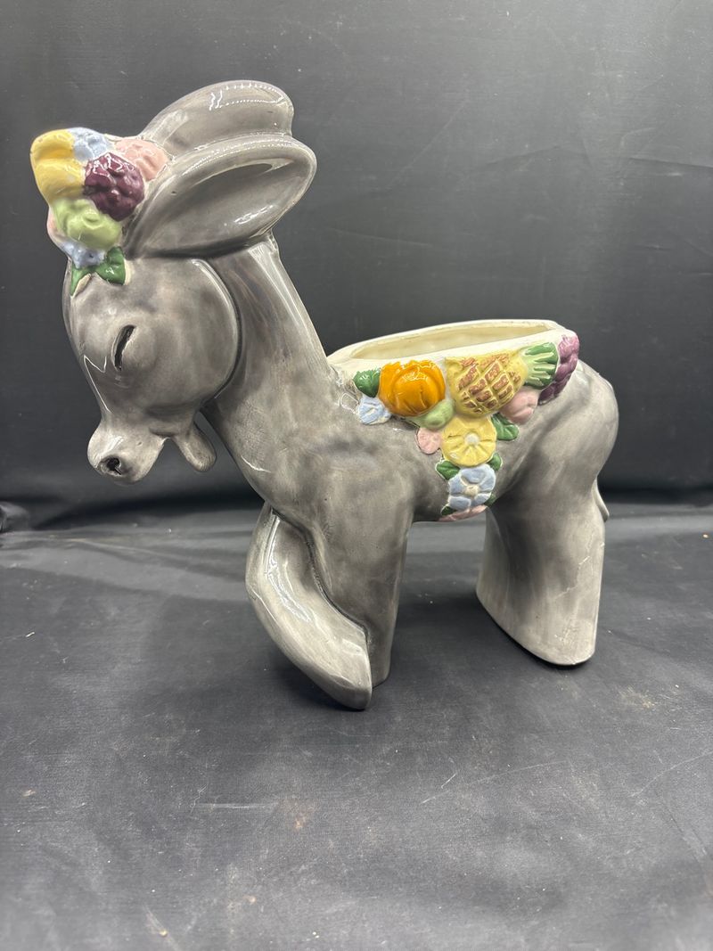 Hand Painted Ceramic Donkey Planter With Fruit Accent Motif