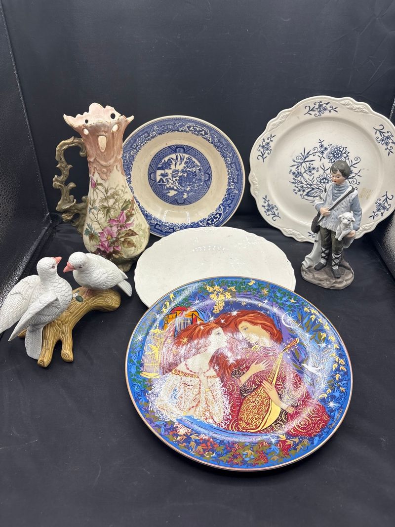Porcelain Figurines Decorative Art Plates and Floral Ewer Lot
