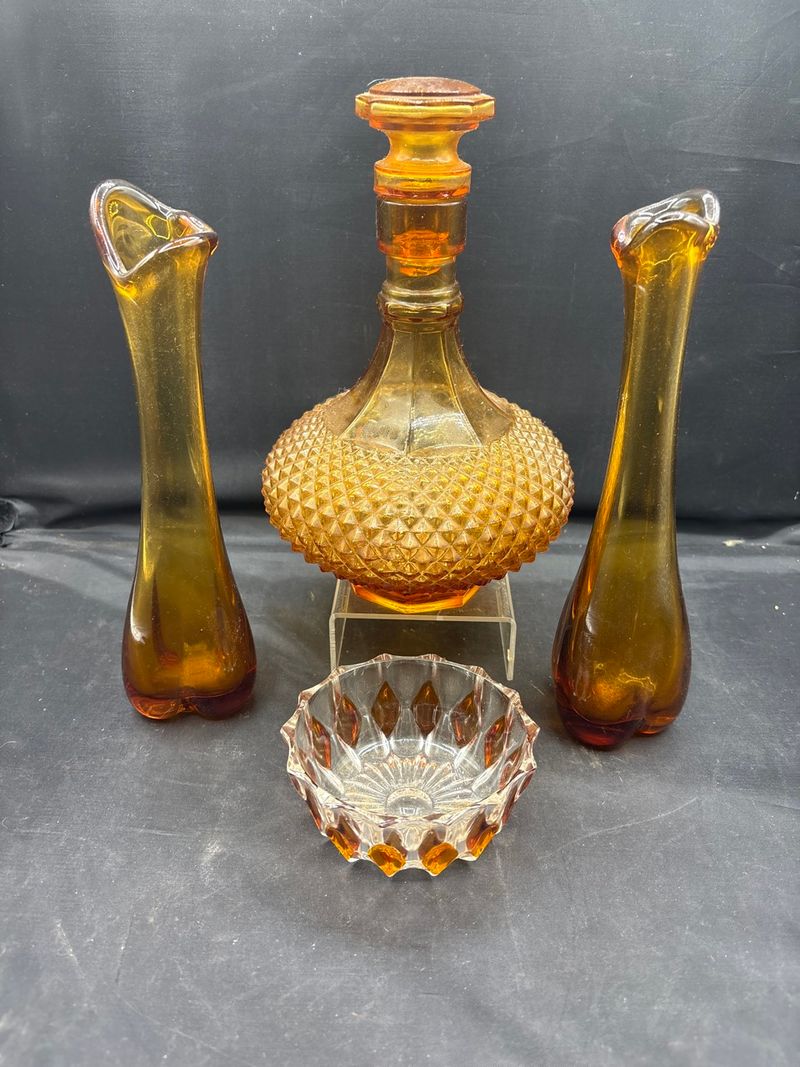 Amber Glass Decanter Set Swung Bud Vases Cut Crystal Dish