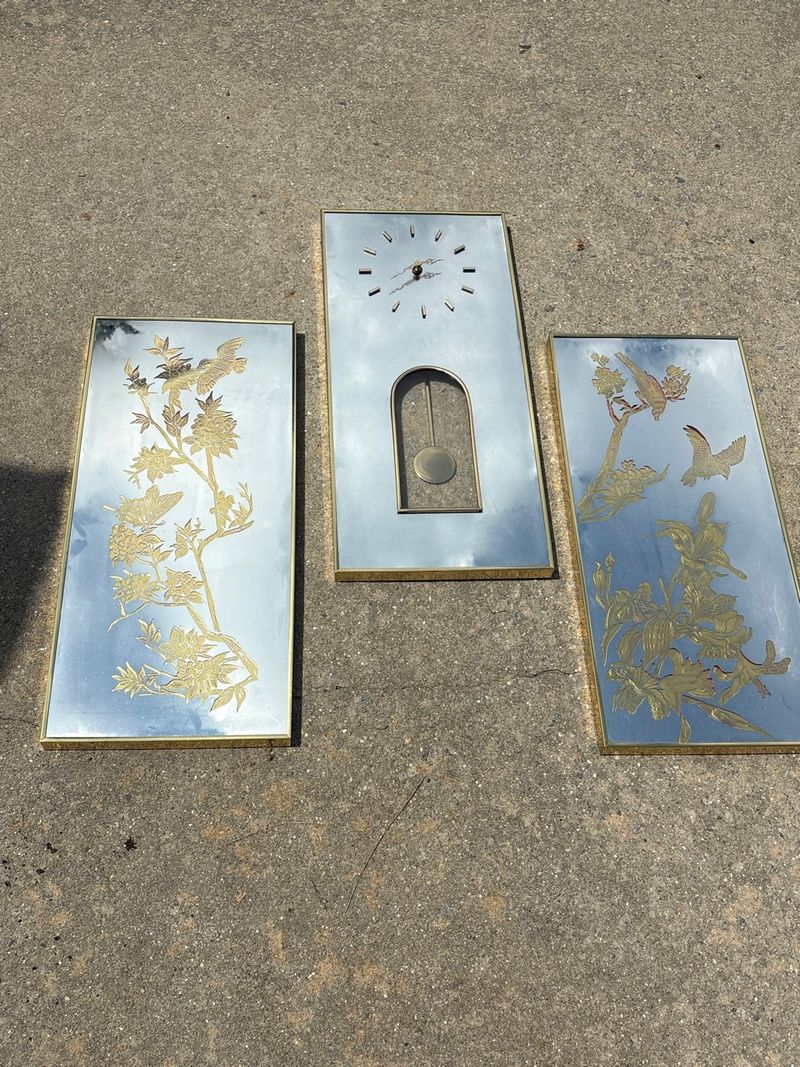 Etched Mirrored Pendulum Wall Clock and Matching Side Panels Triptych Set