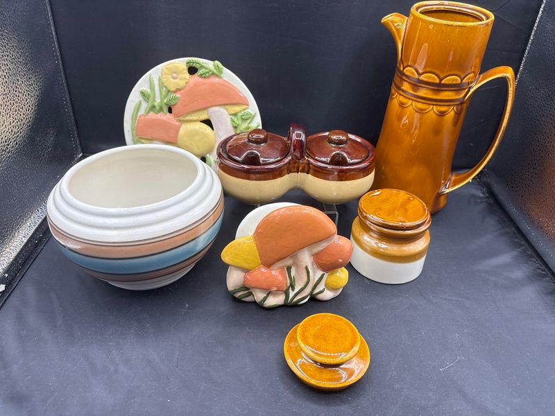 Assorted Vintage Ceramic Kitchenware and Mushroom Decor Collection