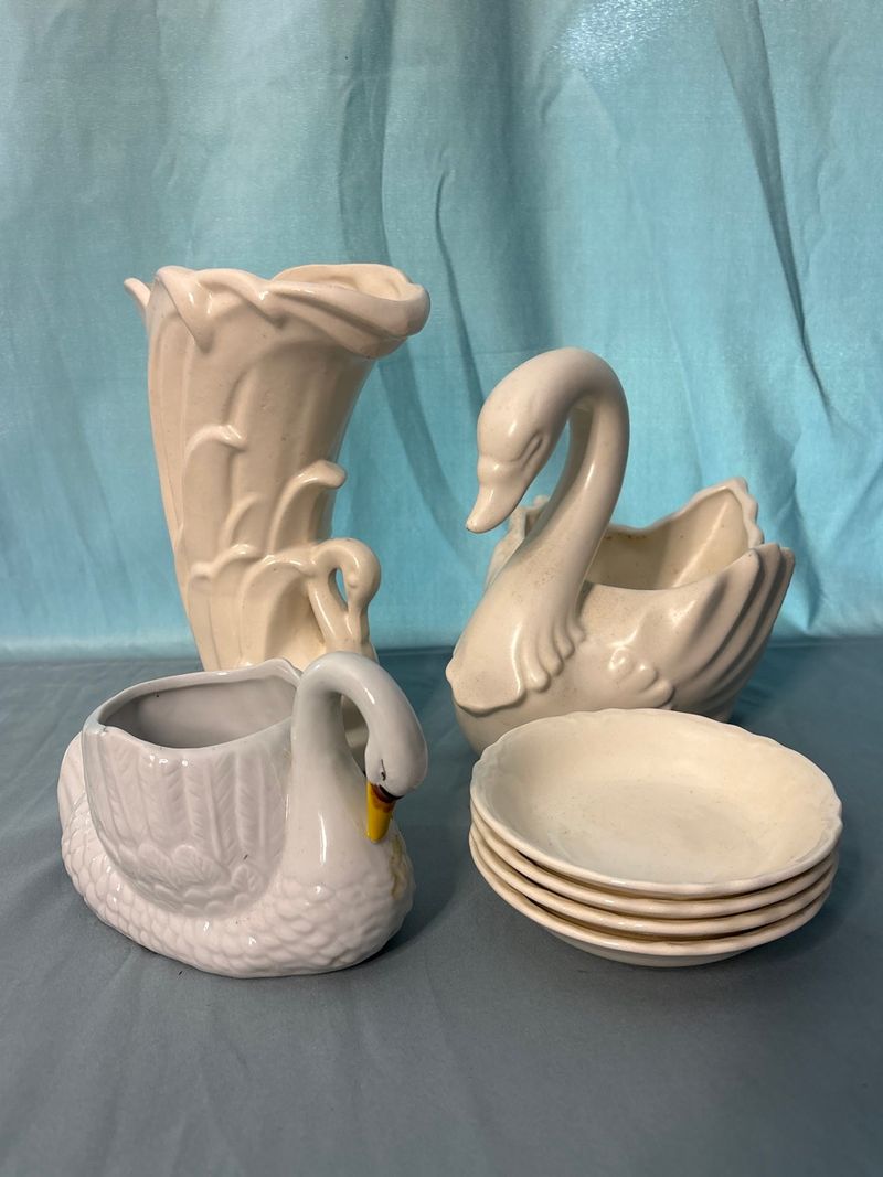 White Glazed Ceramic Swan Planters Vase And Dish Collection Lot