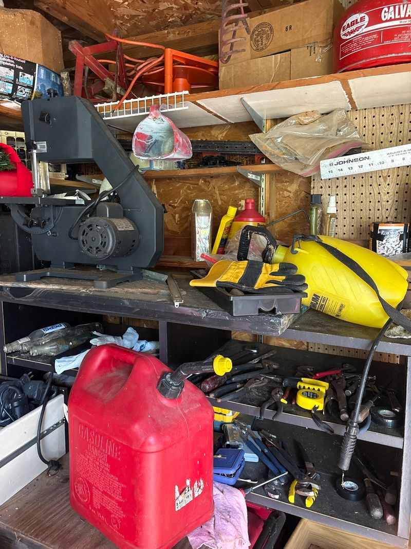Benchtop Band Saw With Gas Cans And Workshop Tools - Image 1