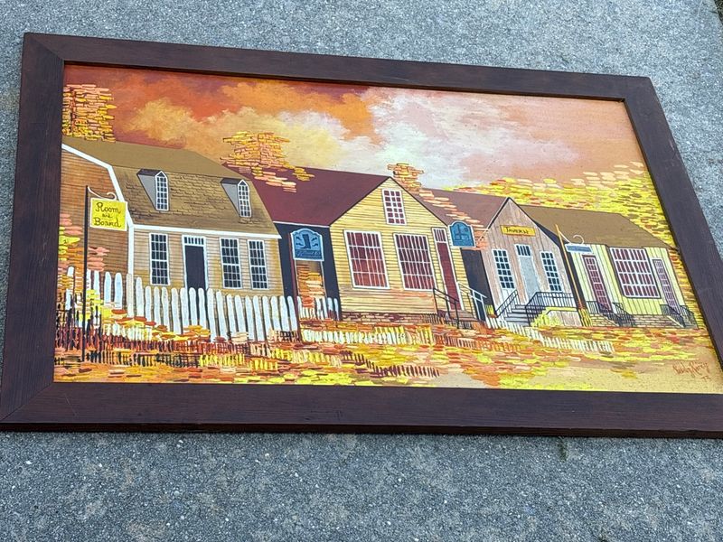 Framed Americana Colonial Village Street Scene Oil Painting Signed Shirley Riney 1973