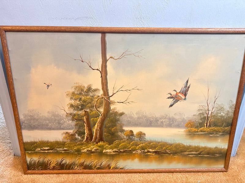 Signed Smith Original Oil Painting Flying Ducks Waterfowl Landscape