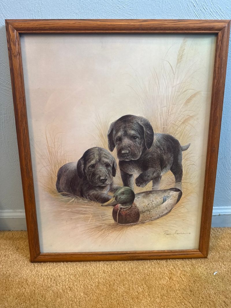 Ruane Manning Black Lab Puppies Duck Decoy Framed Lithograph Print
