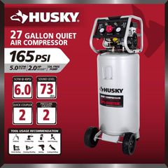 Husky 27 Gal.165 PSI Vertical Electric Oil-Free Quiet Auto/Workshop Air Compressor with Dual Gauges and 2-Quick Couplers 3332741 - Image 2