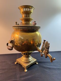Turkish Brass Samovar with Engraved Medallions - Image 1