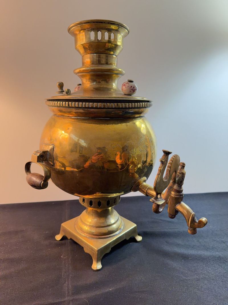 Turkish Brass Samovar with Engraved Medallions - Image 1