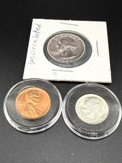 1961 Uncirculated Washington Quarter, Roosevelt Dime and Lincoln Penny  - Image 1