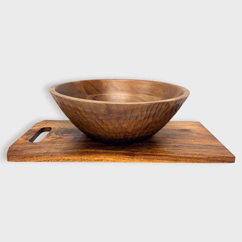 Handcrafted Indian Wood Serving Bowl with Cutting Board