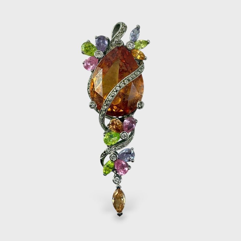 Sterling Silver Colorful Multi Gemstone Flower Statement Pendant