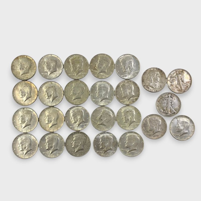 20 U.S 90% & 40% Silver Coins: 1966-1969 Kennedy Half Dollar 40% Silver, 1964 Kennedy Half Dollar 90% Silver, 1963 Franklin, Two 1945 Walking Liberty