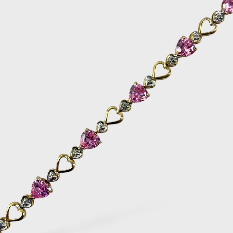 Fine 10K Gold Pink & White Tourmaline Heart Link 7.5" Bracelet
