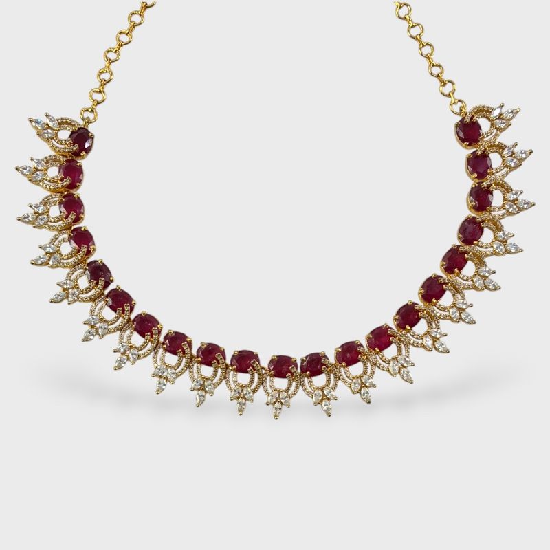 Lovely Gold Tone Ruby & Clear Gemstone Blossom 16" Statement Necklace