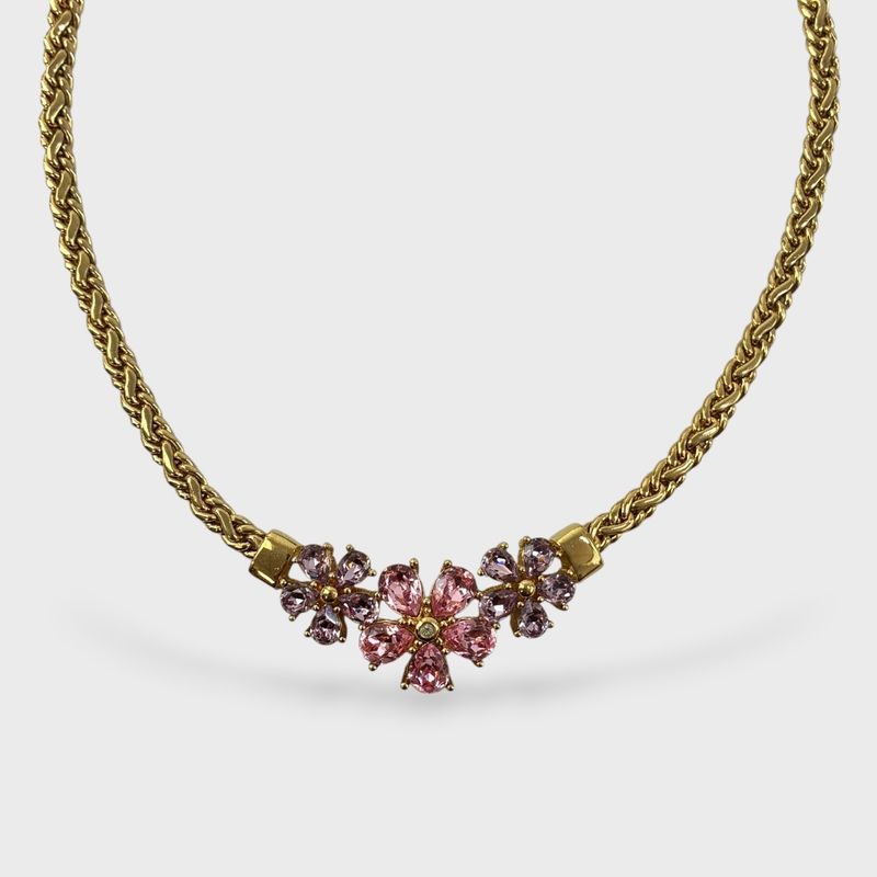 Christian Dior Gold Tone Glass Stone Flower 16" Necklace W/ 2.25" Extender