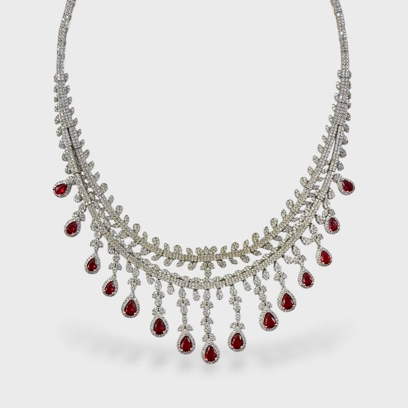 Beautiful Silver Tone Ruby & Clear Gemstone Fringe 16" Statement Necklace
