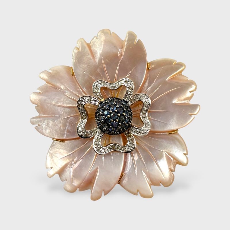 Fine 14K Gold Mother of Pearl Carved Flower Pendant Pin Brooch