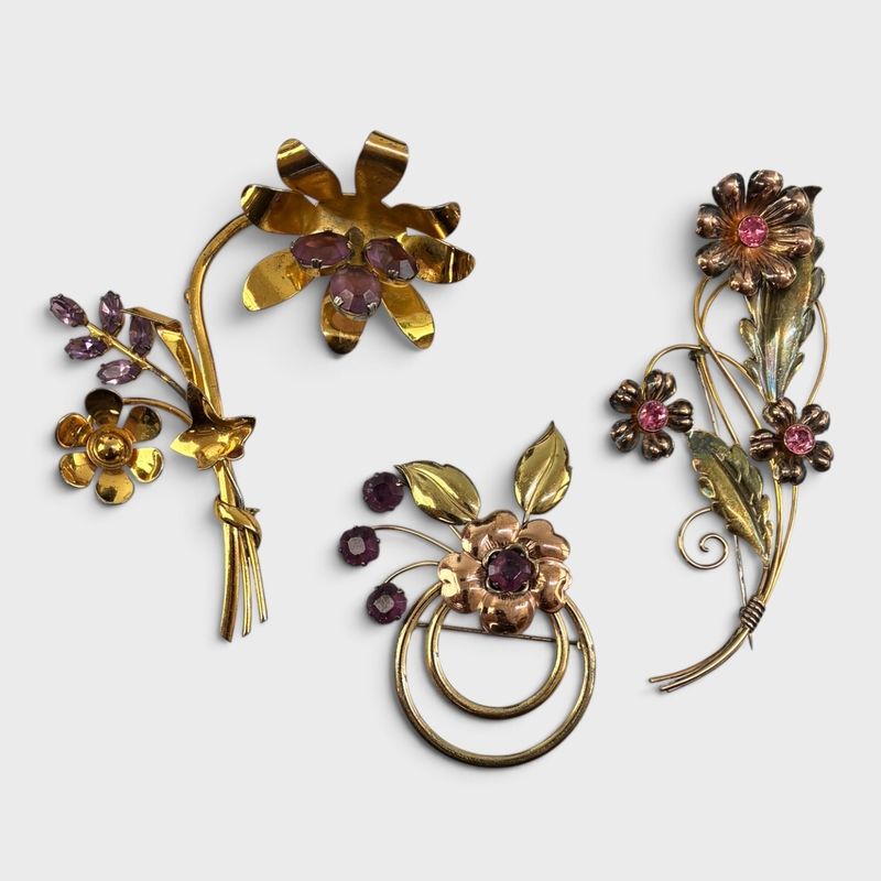 Three Vintage Gilt Sterling Silver Floral Statement Pin Brooches