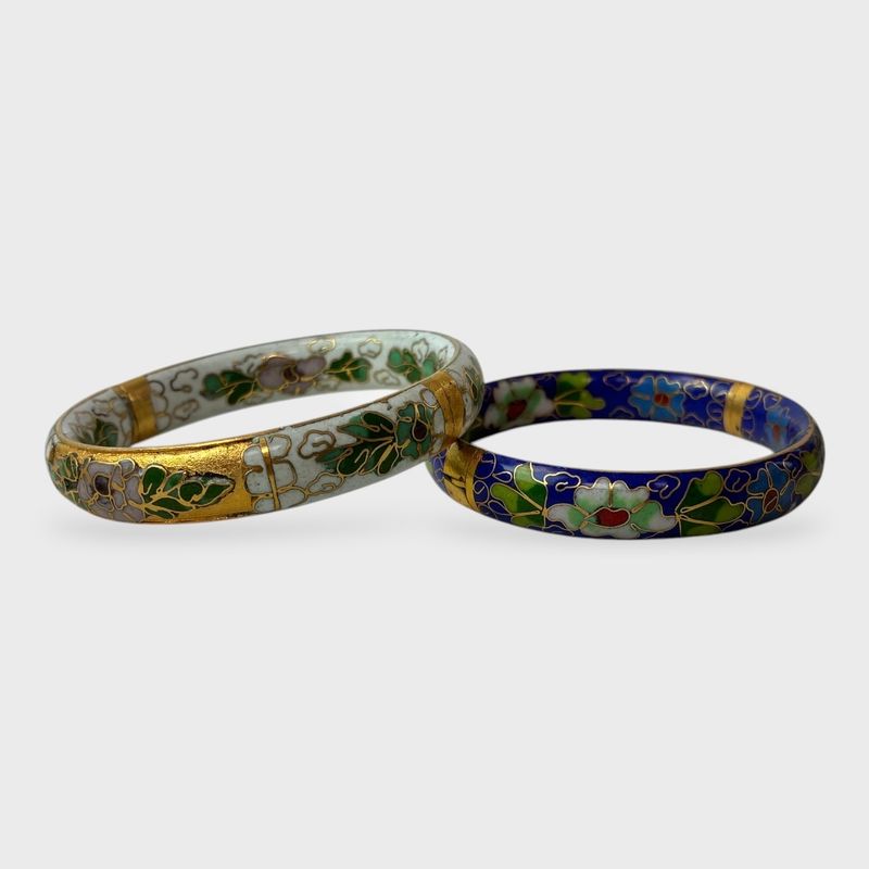 Two Asian Cloisonne Hinge Bangle Bracelets