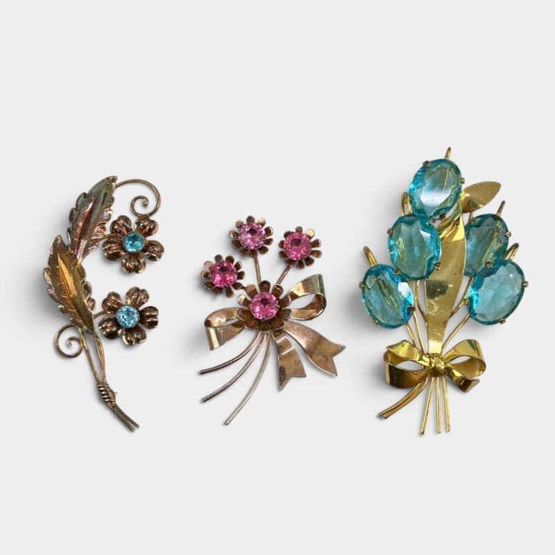 Three Vintage Gilt Sterling Silver Floral Statement Pin Brooches