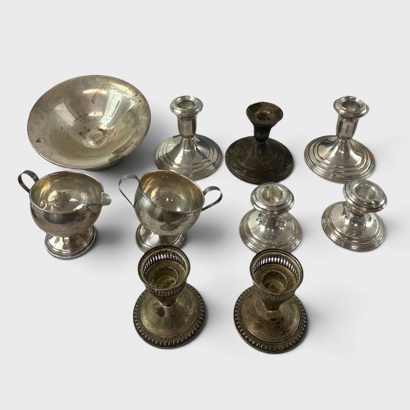 Sterling Silver Weighted Candlesticks, Creamer Sugar, & Compote Dish