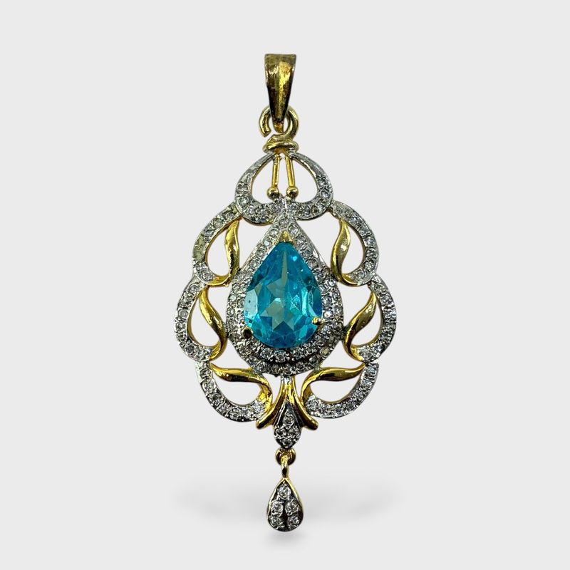 Gold Tone Blue Topaz & Clear Gemstone Statement Pendant
