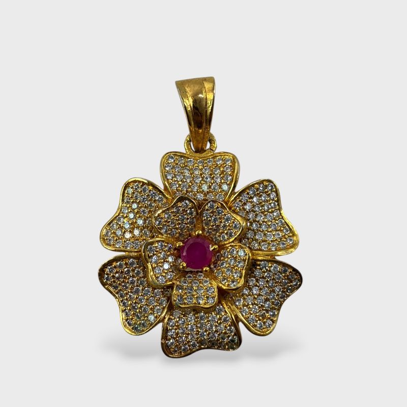 Flower Gold Tone Ruby & Clear Gemstone Statement Pendant