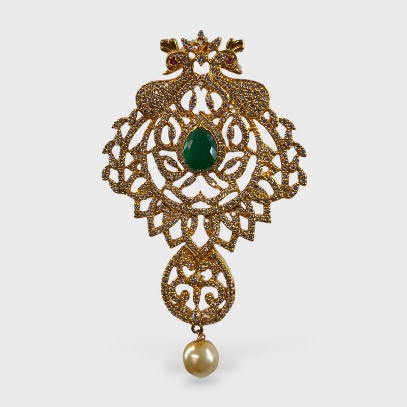 Gold Tone Chrysoprase & Clear Gemstone Statement Pendant